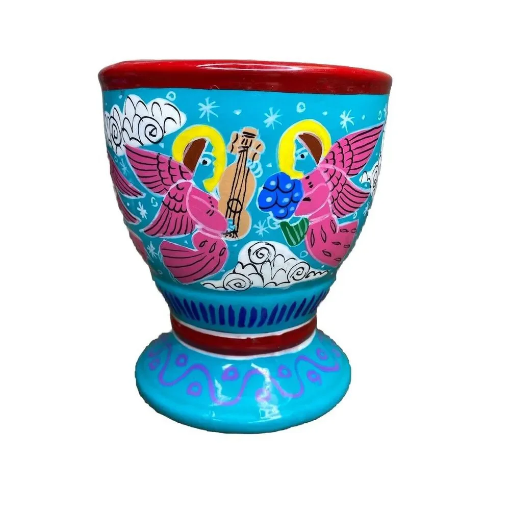 Mexican Colorful Folk Art‎ Pottery Vase Planter Angels Christmas Navidad Teal